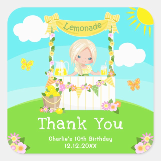 Lemonade Blonde Hair Girl Birthday Thank You Square Sticker (Front)