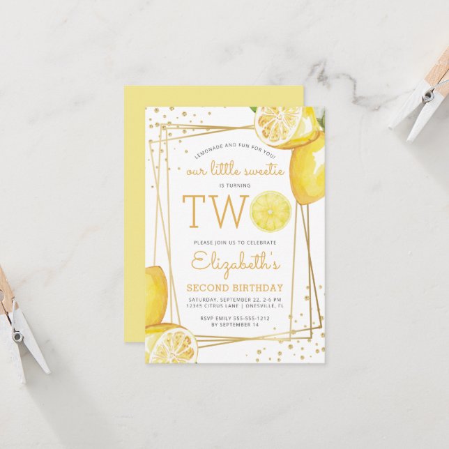 Lemonade Citrus Watercolor 2nd Birthday Party Invitation (Front/Back In Situ)