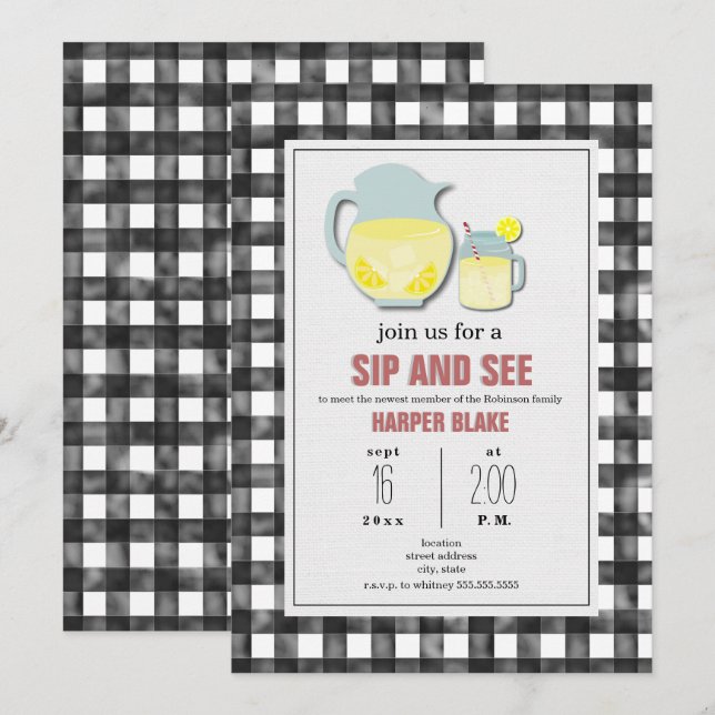 Lemonade Grey Gingham Sip & See Baby Invitation (Front/Back)