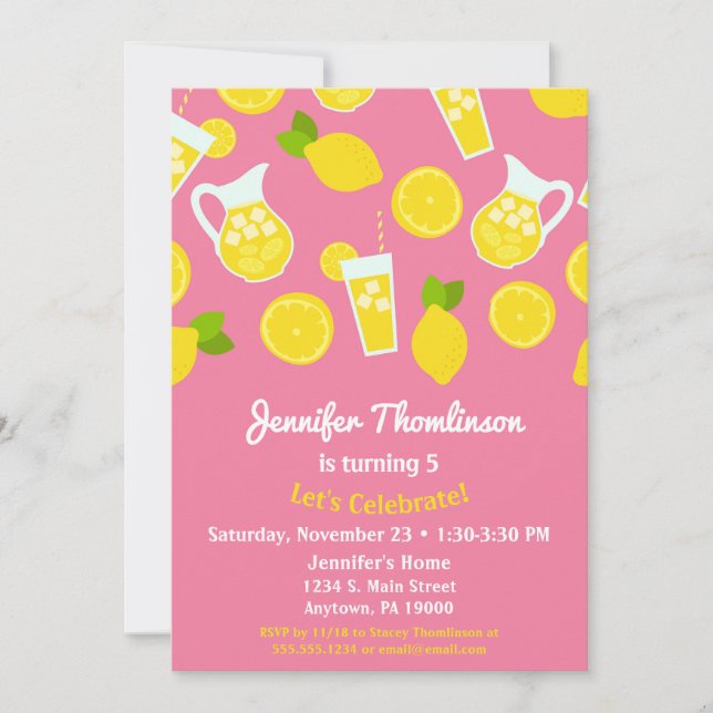 Lemonade Invitation Anniversaire Pink Lemons d'été (Devant)