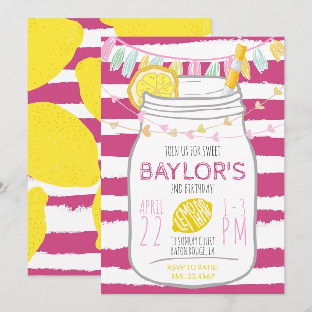 Lemonade Mason Jar Birthday Invitation (Front/Back)