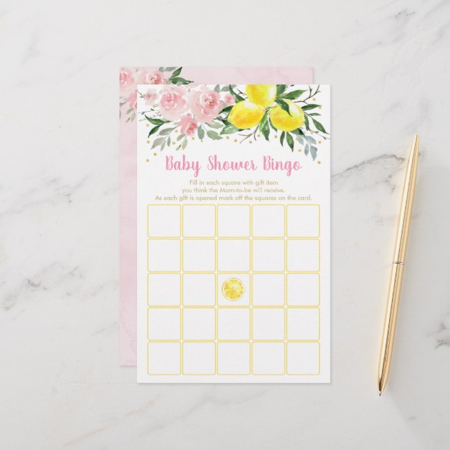 Lemonade Pink Gold Floral Baby Shower Bingo Game (Front/Back In Situ)
