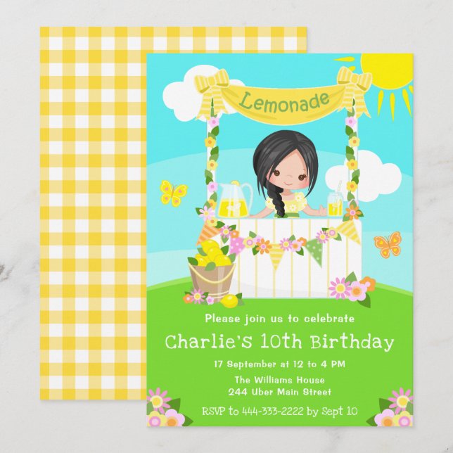 Lemonade Stand Birthday Black Hair Girl Invitation (Front/Back)