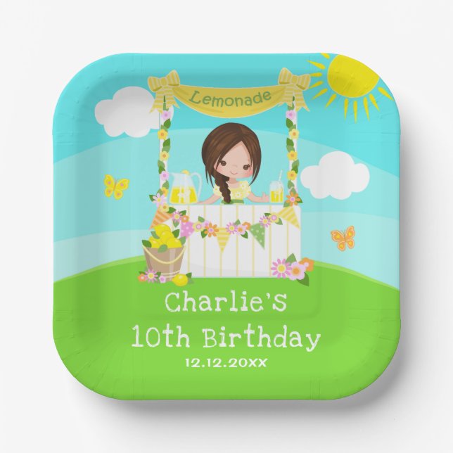 Lemonade Stand Birthday Brown Hair Girl Paper Plate (Front)