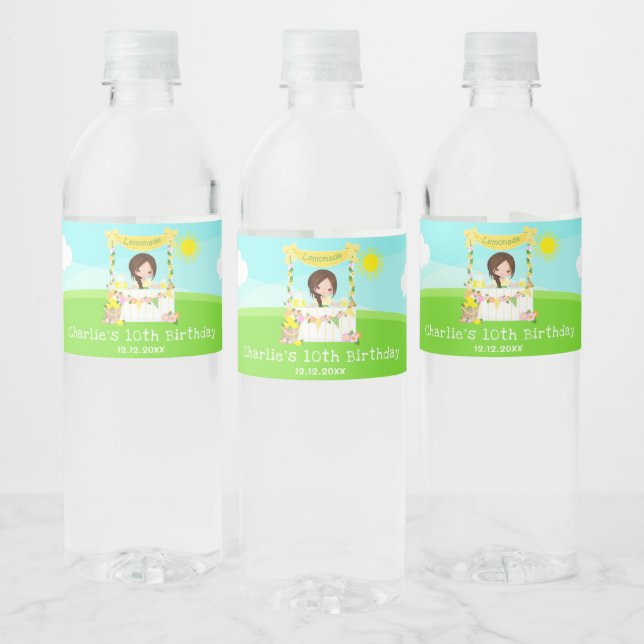Lemonade Stand Birthday Brown Hair Girl Water Bottle Label (Bottles)