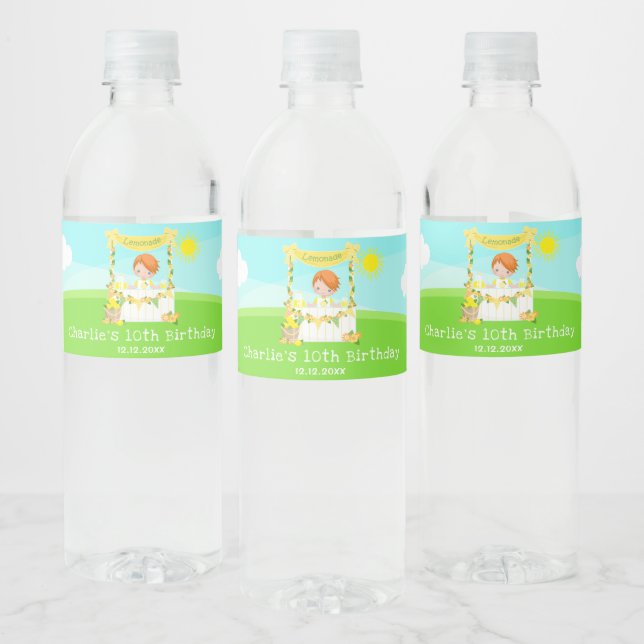 Lemonade Stand Birthday Red Hair Boy Water Bottle Label (Bottles)
