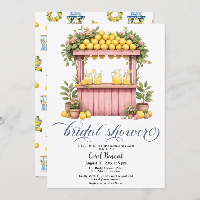 Lemonade Stand Mediterranean Summer Bridal Shower Invitation (Front/Back)