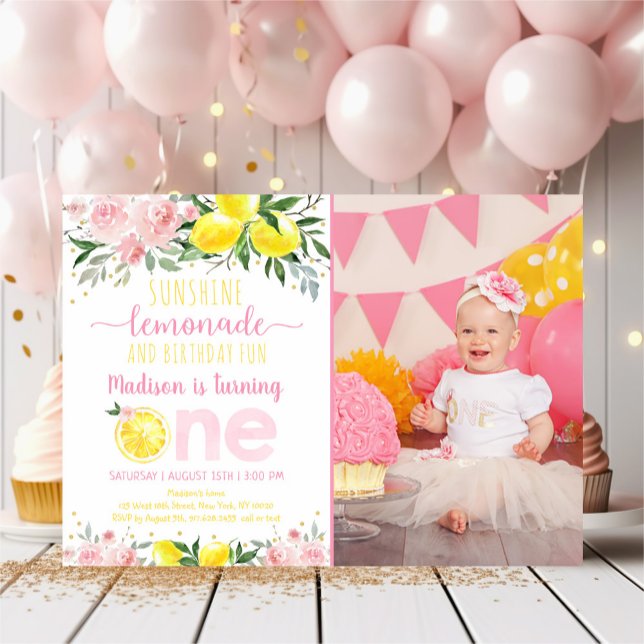 Lemonade Sunshine Pink Floral First Birthday Invitation (Creator Uploaded)