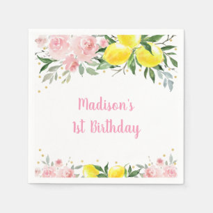 Lemonade Sunshine Pink Gold Floral Birthday Napkin