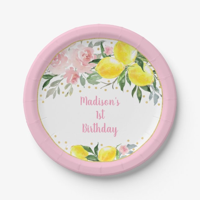 Lemonade Sunshine Pink Gold Floral Birthday Paper Plate (Front)