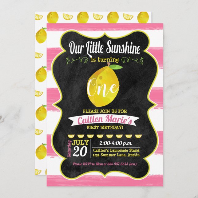 Lemonade Sunshine Pink Yellow Chalkboard Birthday Invitation (Front/Back)