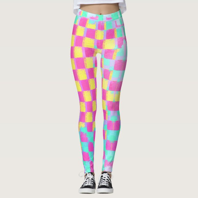 Lemonberry Neo Mint Grungy Chequerboard Pattern Leggings (Front)