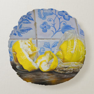 Lemons and Azulejos — Classic Blue & Yellow Still  Round Pillow