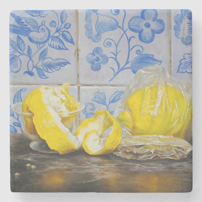Lemons and Azulejos — Classic Blue & Yellow Still  Stone Coaster (Front)