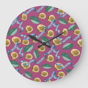 Lemons and blue ribbons pattern large clock