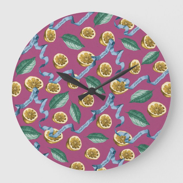 Lemons and blue ribbons pattern large clock (Front)