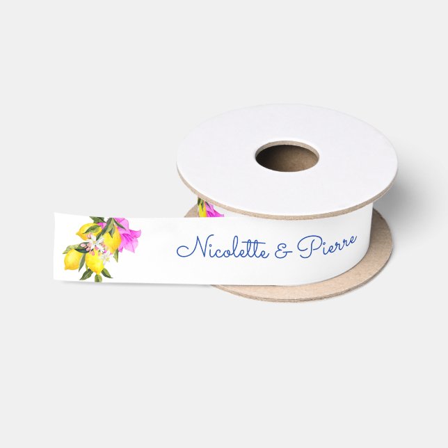 Lemons and bougainvillea personalized name gift satin ribbon (Spool)