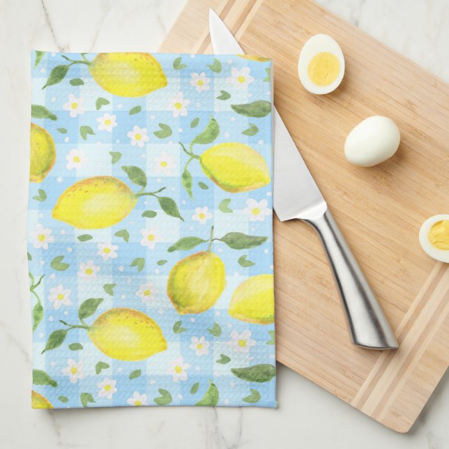 Lemons and Daisies Blue Plaid Kitchen Towel (Quarter Fold)