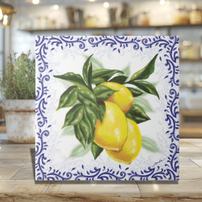 Lemons and Filigree Ceramic Tile for Kitchen (Italian Lemons with Blue Toile Ceramic Tile European Country Kitchen Decor)