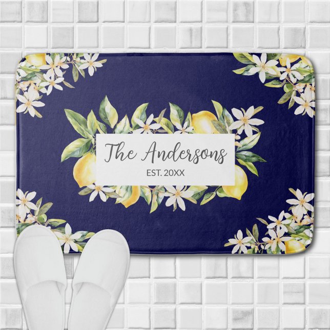 Lemons and Flowers Floral Botanical Family Name Bath Mat (In situ)