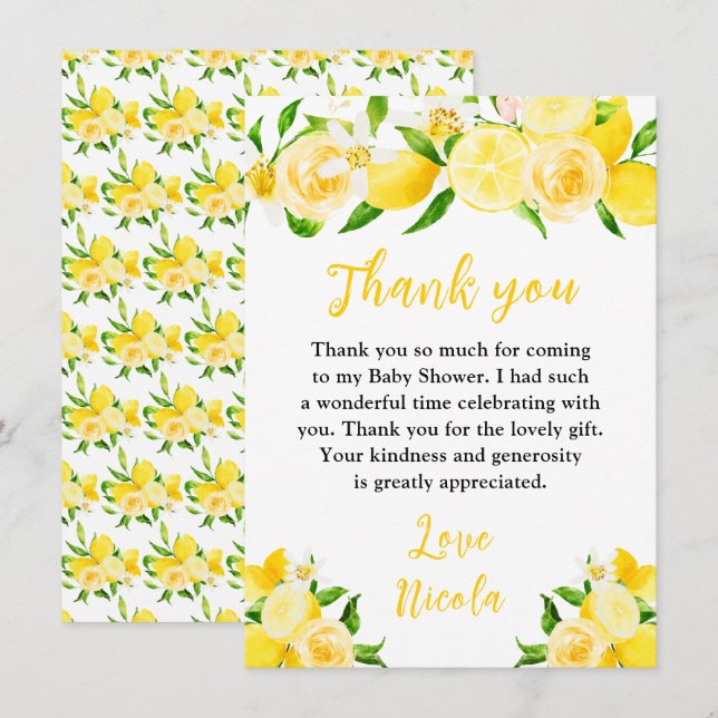 Lemons and Foliage Baby Shower Thank You Card (Front/Back)