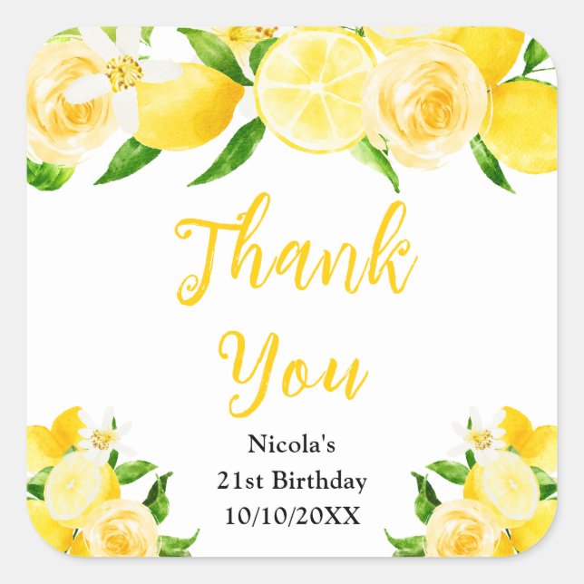 Lemons and Foliage Birthday Thank You Square Sticker (Front)
