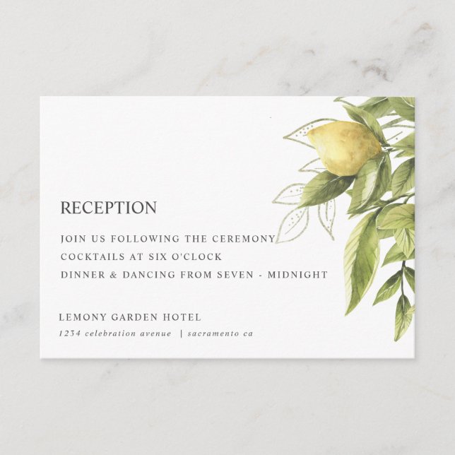 Lemons  and Foliage Green Chic  WEDDING RECEPTION Enclosure Card (Front)