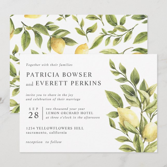 Lemons and foliage watercolor botanical wedding invitation (Front/Back)