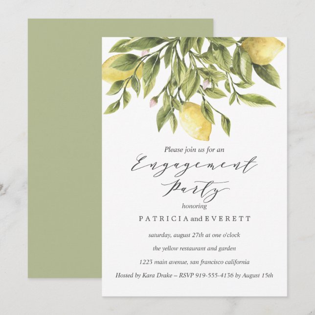 Lemons and Foliage Wedding Engagement Party v2 Invitation (Front/Back)