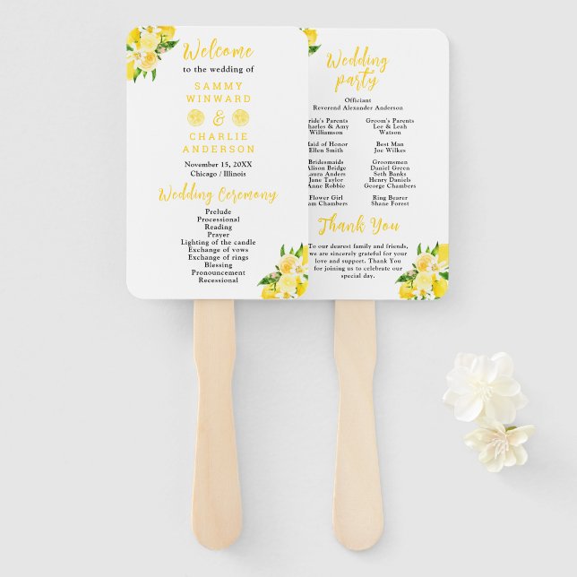 Lemons and Foliage Wedding Program Hand Fan (Front and Back)