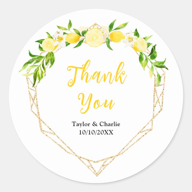 Lemons and Foliage Wedding Thank You Classic Round Sticker (Front)