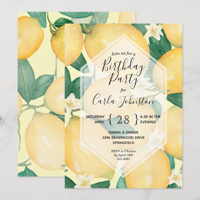 Lemons and Greenery Birthday Party Invitations (Front/Back)