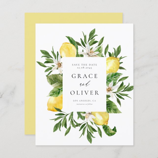 Lemons and Greenery Frame Botanical Save the Date (Front/Back)