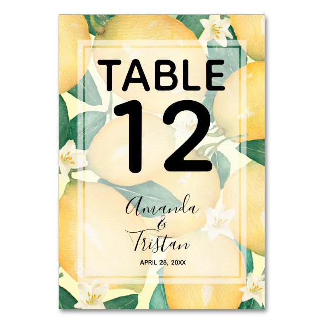 Lemons and Greenery Watercolor Wedding Table Number (Front)
