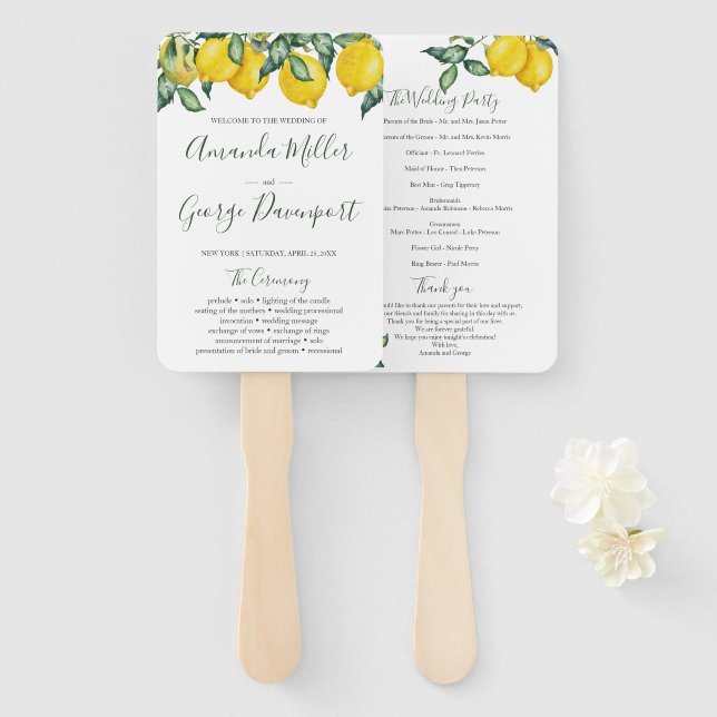 Lemons and greenery wedding program fan (Front and Back)