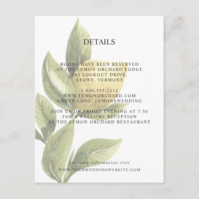 Lemons and leaves | Botanical  WEDDING Details Enclosure Card (Front)