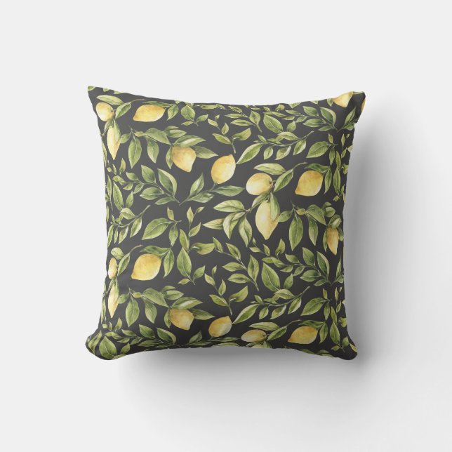 Lemons and Leaves | Charcoal grey | Bright summer Throw Pillow (Front)