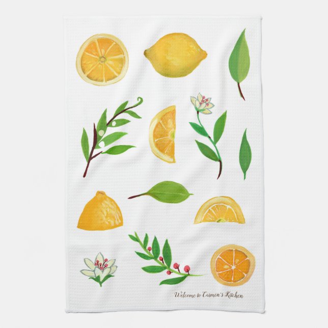 Lemons and Leaves Customizable Kitchen Towel (Vertical)