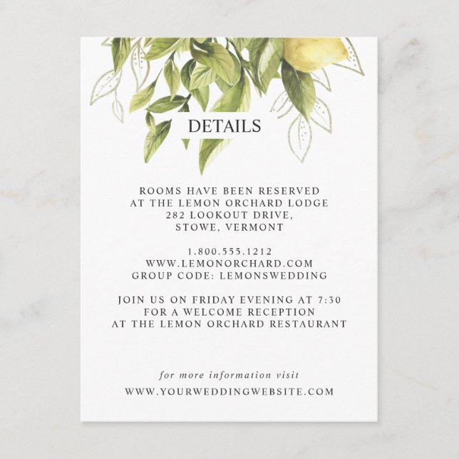 Lemons and leaves | Dark Chic  WEDDING Details Enclosure Card (Front)