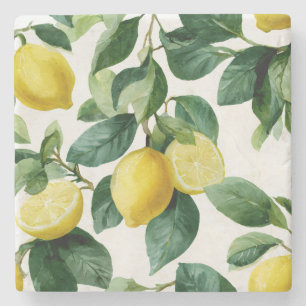 Lemons and Leaves Decorative Stone Coaster