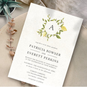 Lemons and leaves Grey Monogram Watercolor Wedding Invitation