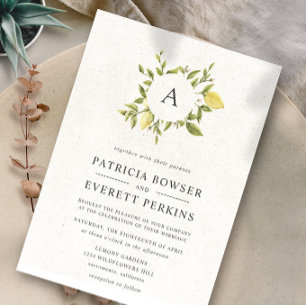 Lemons and leaves   Monogram Watercolor Wedding Invitation