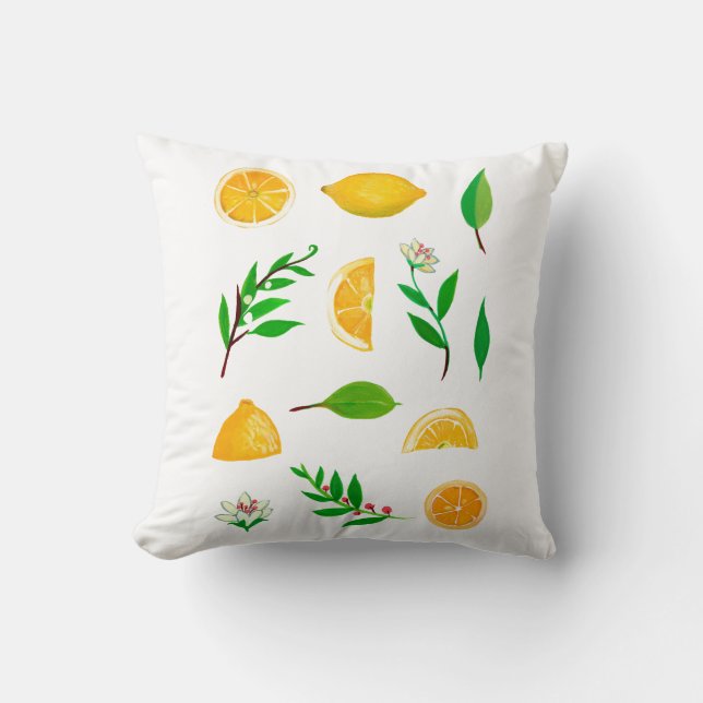 Lemons and Leaves on White Simple Throw Pillow (Front)