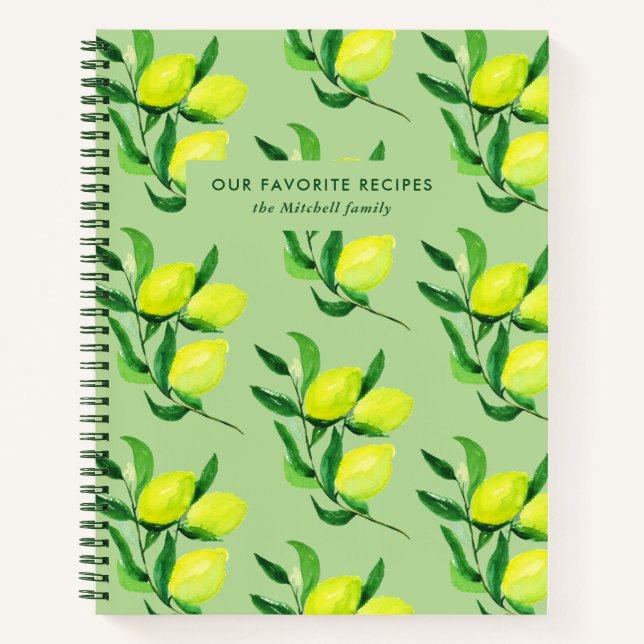 Lemons and Leaves | Pale Green Family Recipes Notebook (Front)