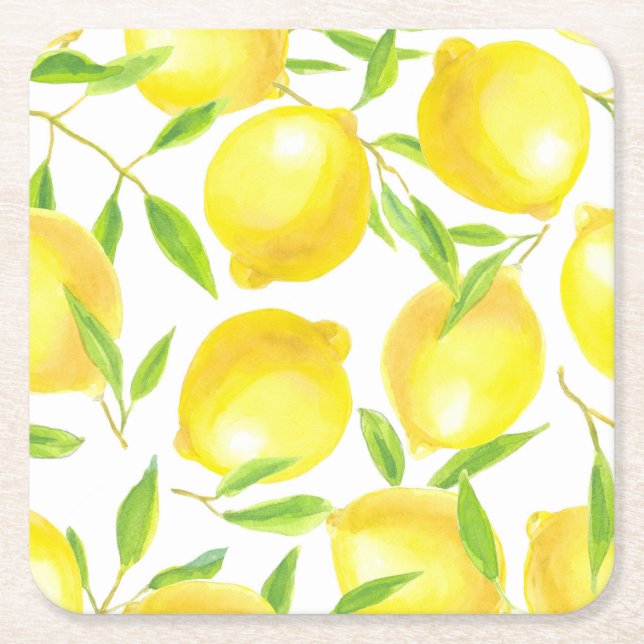 Lemons and leaves  pattern design square paper coaster (Front)
