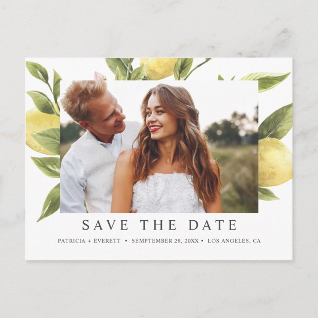 Lemons and leaves Photo  SAVE THE DATE Announcement Postcard (Front)