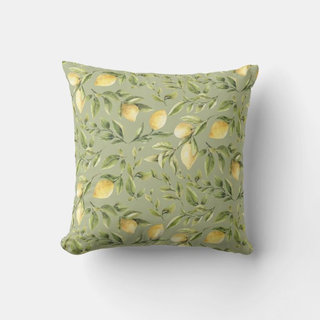Lemons and Leaves | Sage Green | Bright summer Throw Pillow (Front)