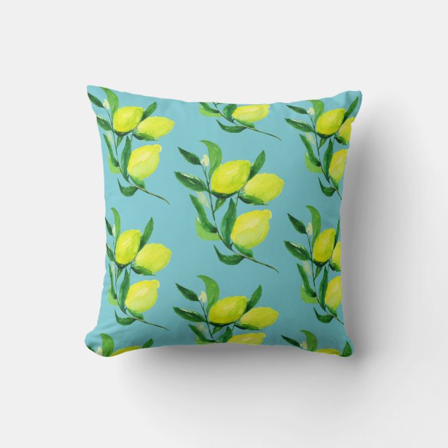 Lemons and Leaves | Turquoise Throw Pillow (Front)