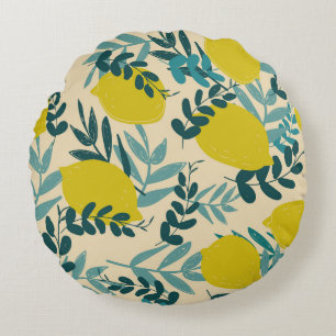 Lemons and leaves, vintage background. round pillow