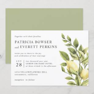 Lemons and leaves watercolor botanical wedding invitation